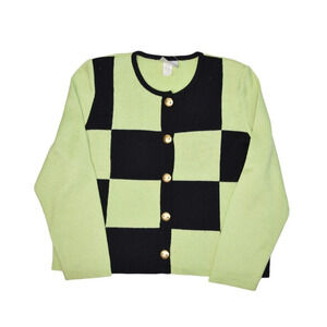 Vintage Mita Sweater Womens L Checkered Plaid Green Black Knit Cardigan USA Made